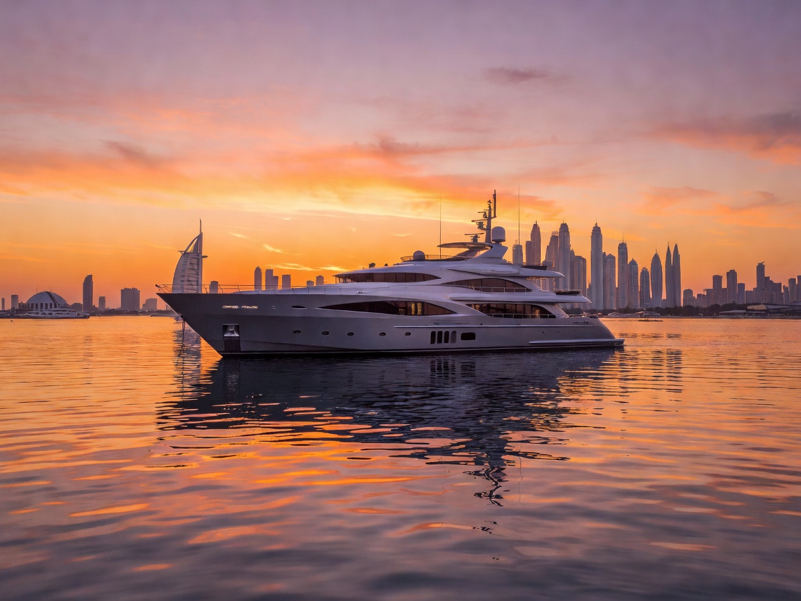 Benetti 164ft Superyacht anchored at Dubai Harbour with sunset reflection