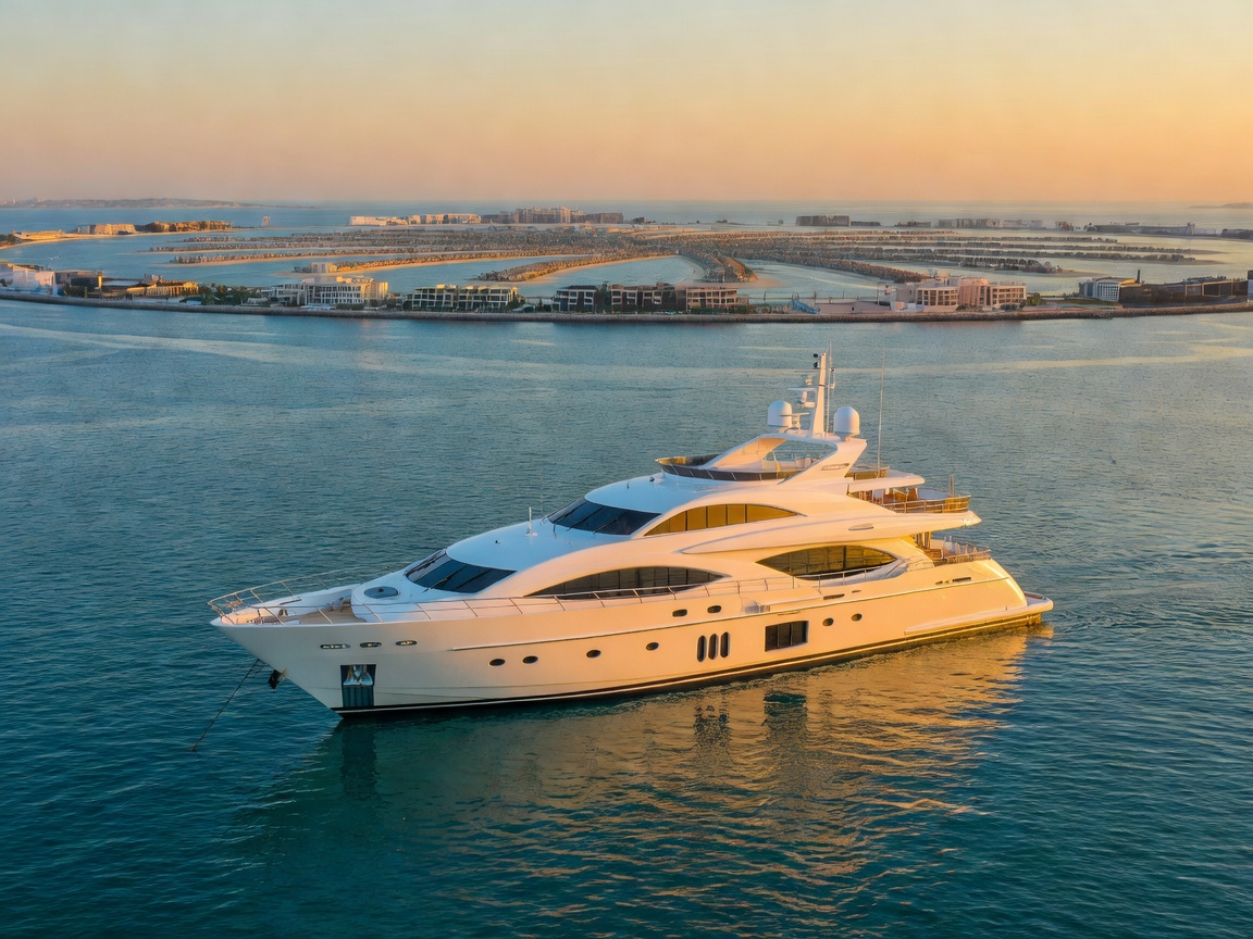 Majestic Benetti superyacht cruising past Dubai Marina and Ain Dubai wheel during sunset