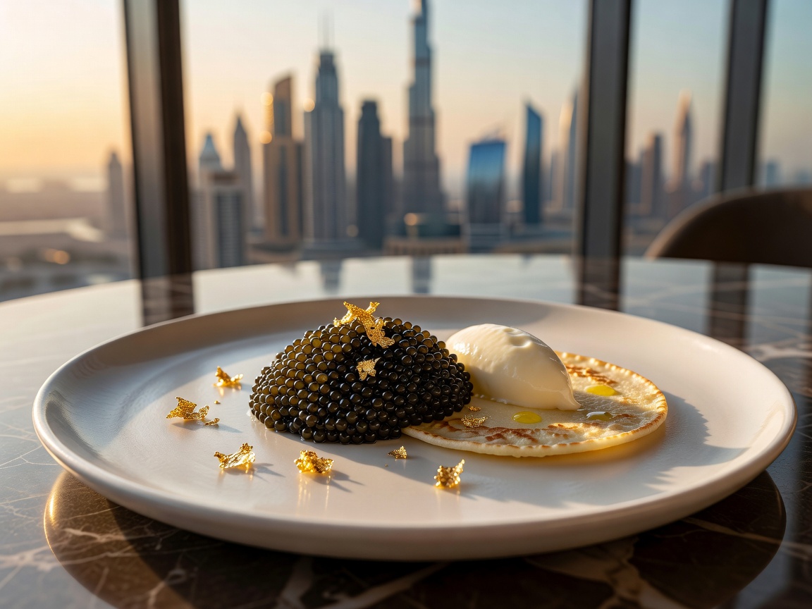 Exquisite fine dining presentation with caviar and 24-karat gold flakes in Dubai