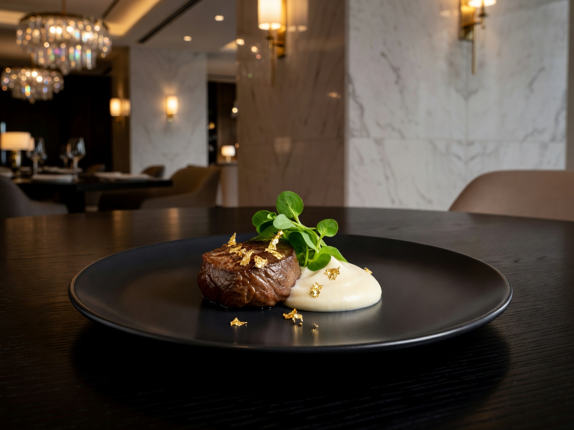 Fine dining gourmet plating with gold leaf garnish in a high end Dubai Michelin restaurant
