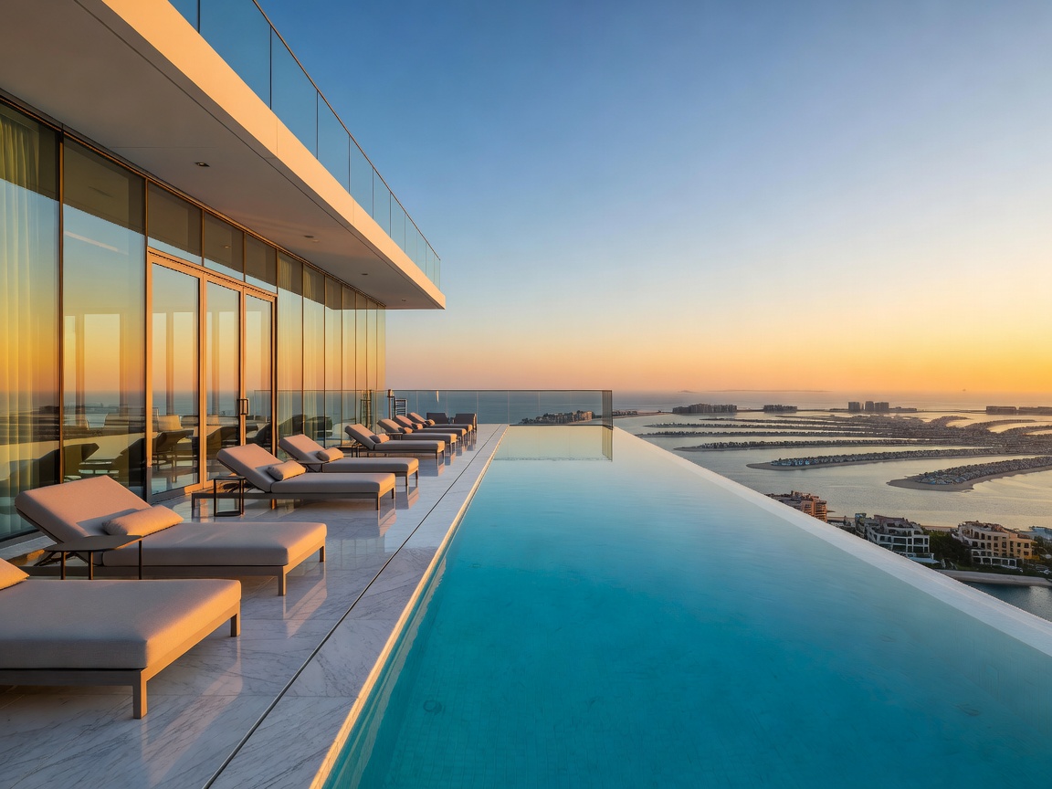 Luxury rooftop infinity pool and modern architectural terrace overlooking Dubai Palm Jumeirah