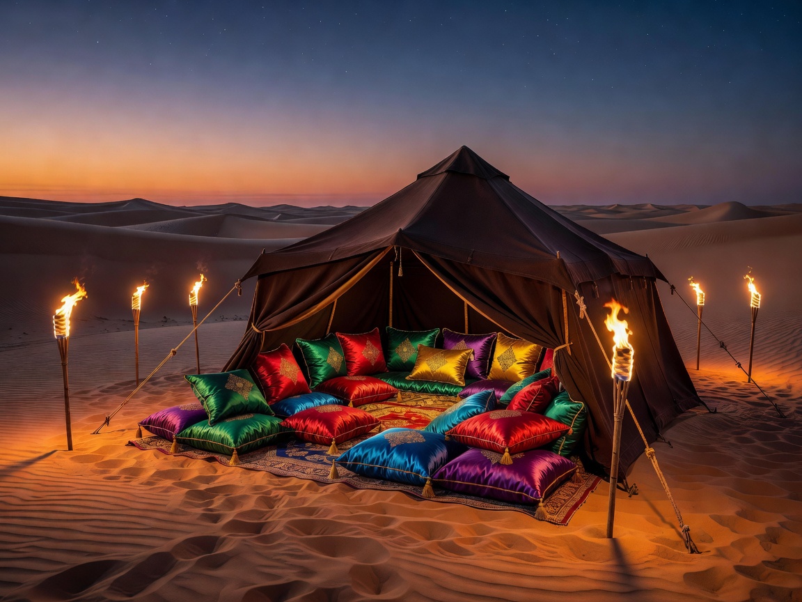 Luxury desert camp in Dubai golden sand dunes under illuminated desert twilight sky