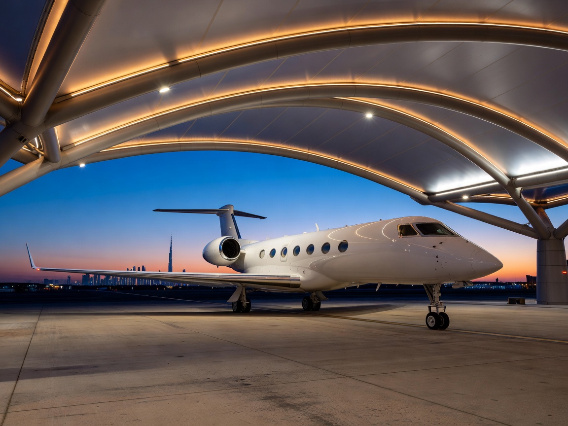 Private Gulfstream jet positioned under illuminated evening canopy at Dubai VIP Terminal