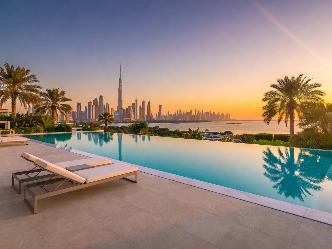 Ultra modern architectural Palm Jumeirah waterfront villa infinity pool looking over skyline