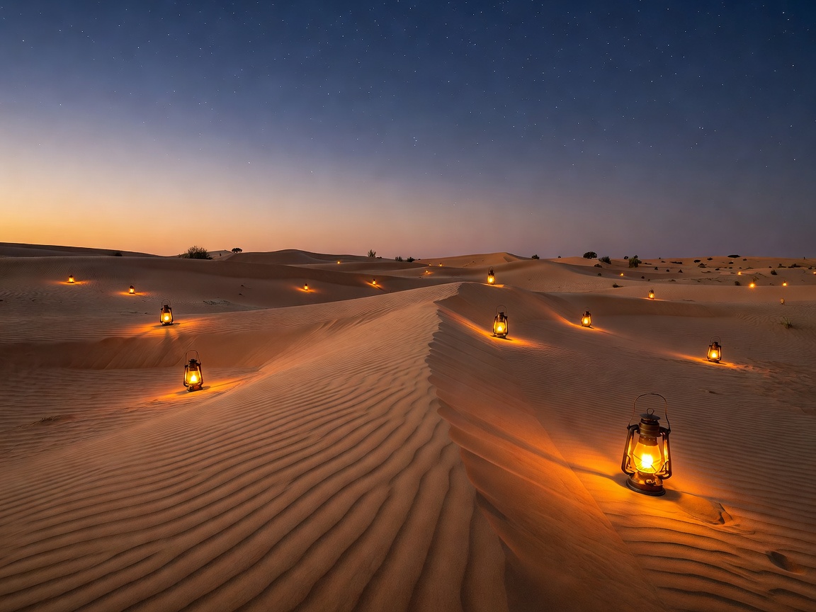 Tranquil sand dunes illuminated by twilight lamps in Dubai Desert Conservation Reserve
